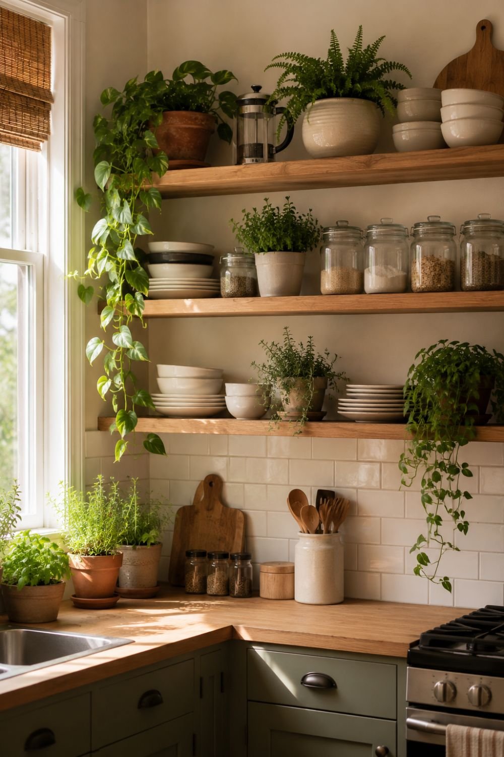 Kitchen open shelving decorated with indoor plants and everyday essentials.