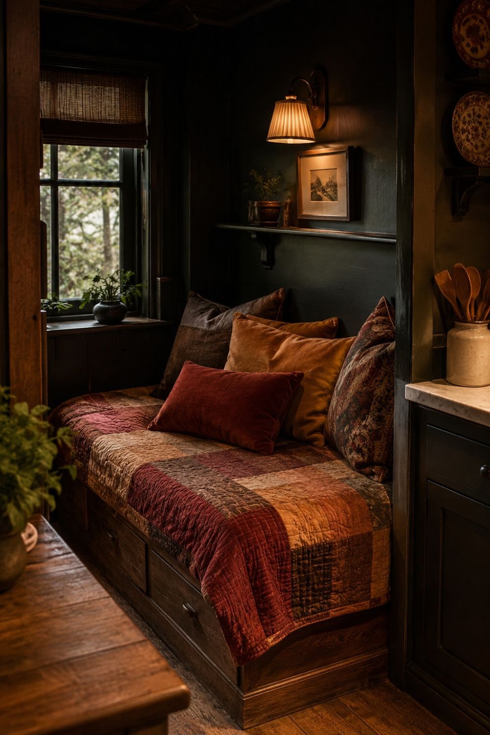 Kitchen seating area with layered vintage textiles in dark cottagecore kitchen