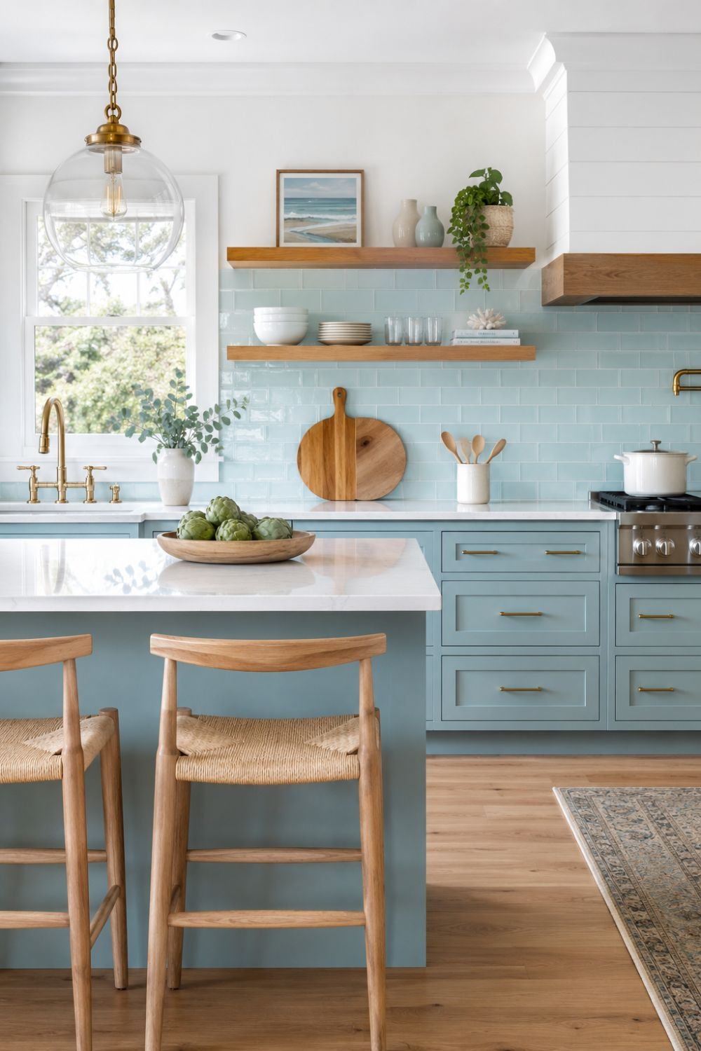 Kitchen with aquamarine cabinets creating fresh coastal cooking space