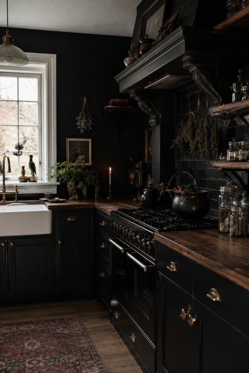 Kitchen with deep black walls creating dark witchy aesthetic