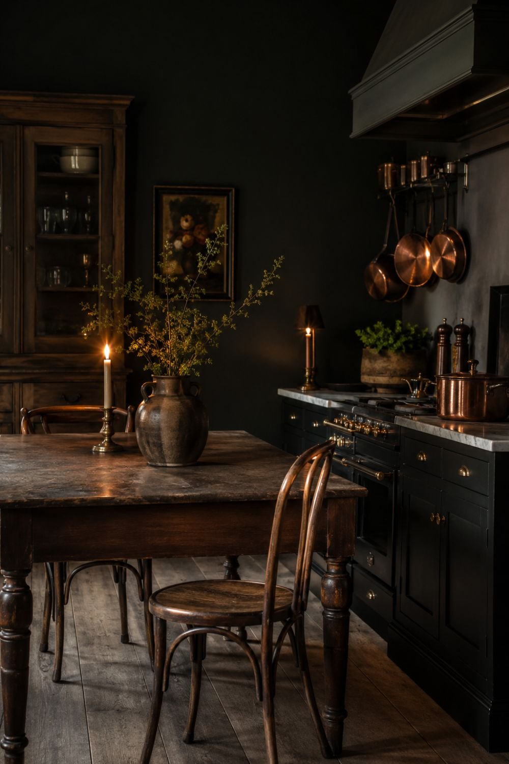 Kitchen with deep forest green walls and warm candlelight creating moody cottagecore atmosphere