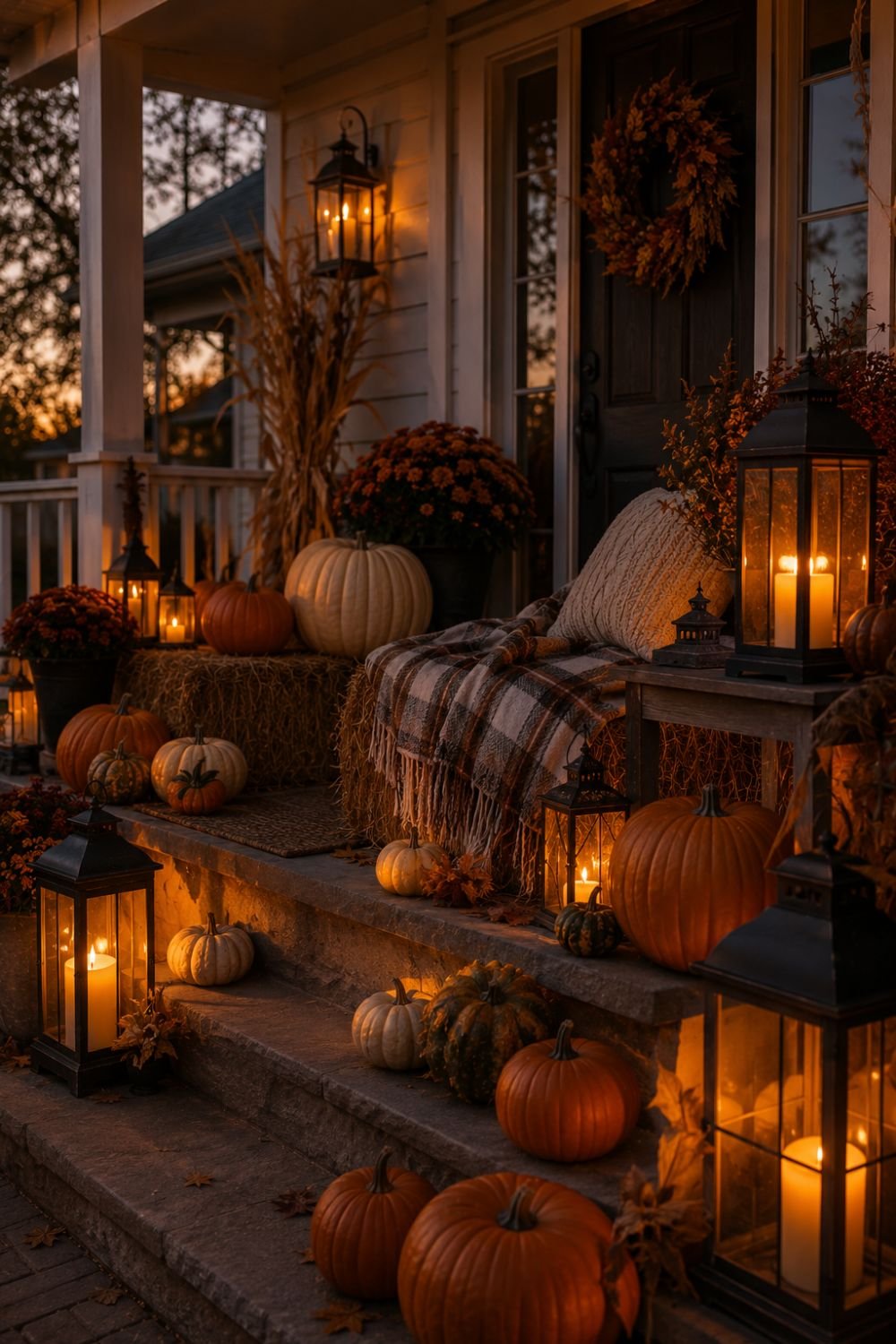 Lanterns with candles creating warm light on farmhouse fall porch