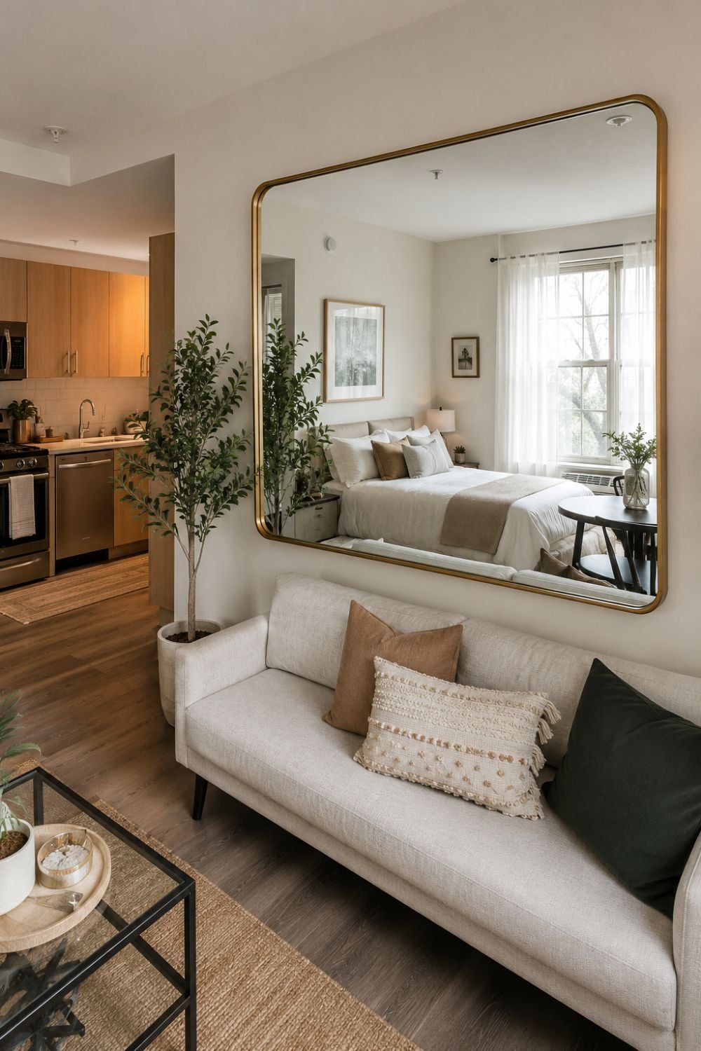 Large mirror on wall creating feeling of expanded space in studio