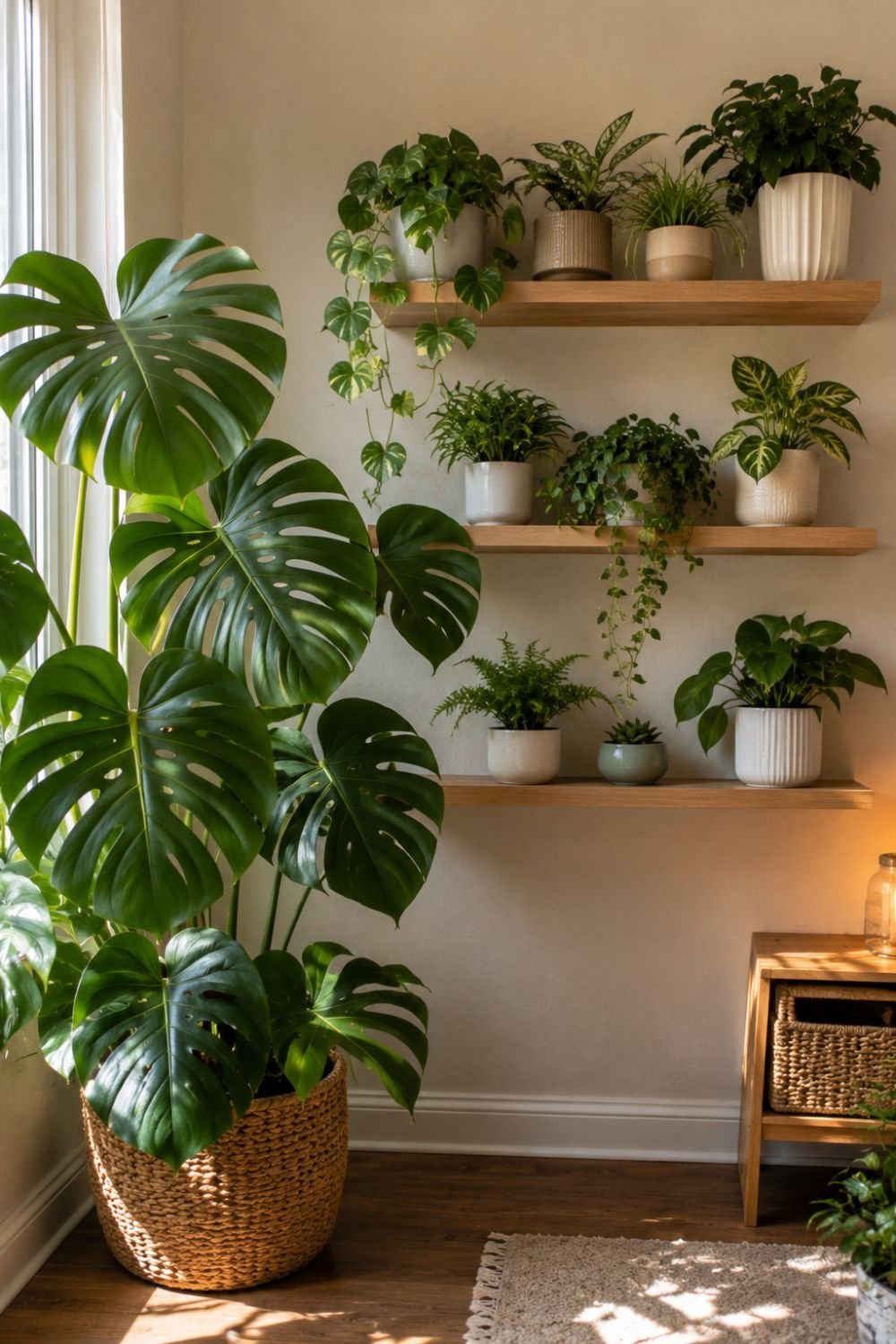 Large monstera styled beside indoor plant shelves in a bright living room.