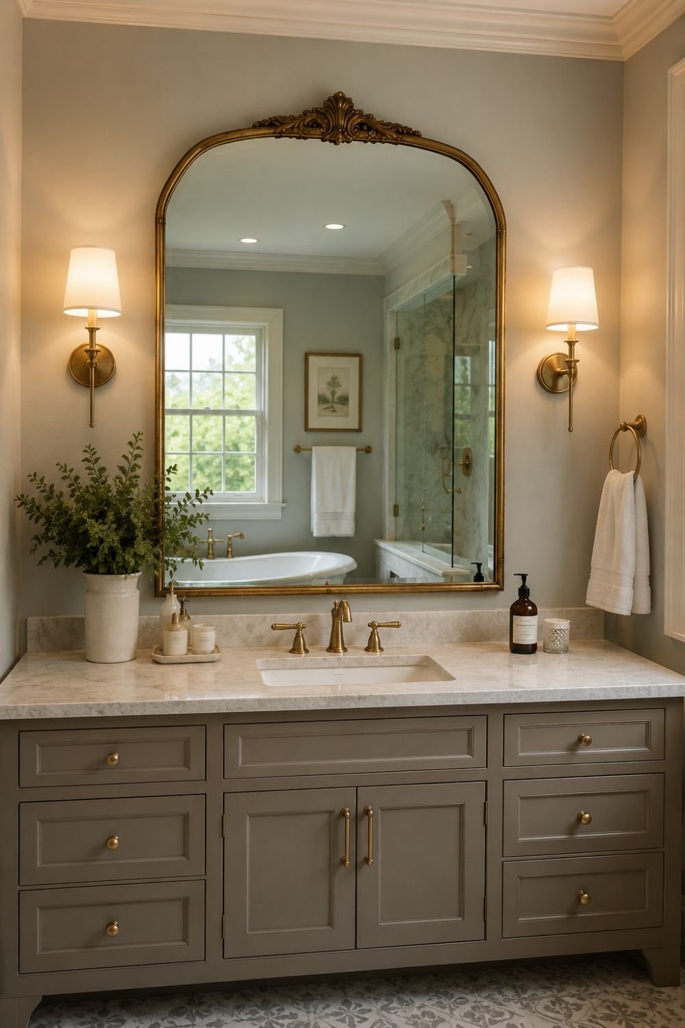 Large statement mirror creating focal point in fresh bathroom