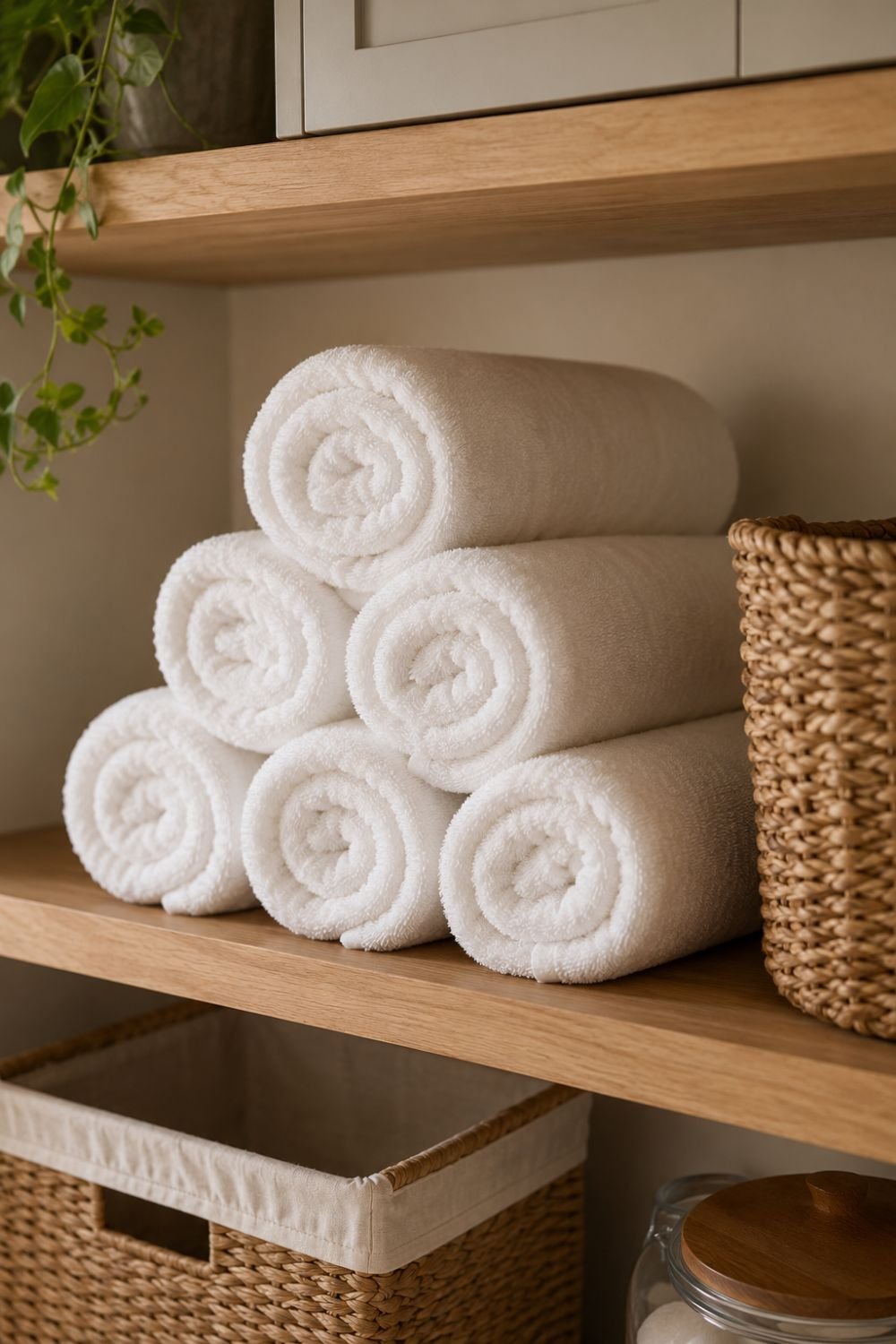 rolled white towels in guest bathroom