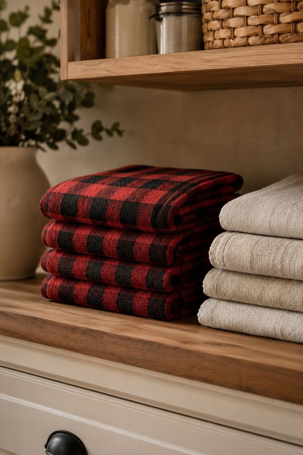 buffalo check towels in fall laundry room


