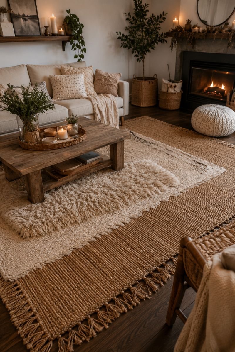 Layered area rugs in warm tones creating cozy defined space