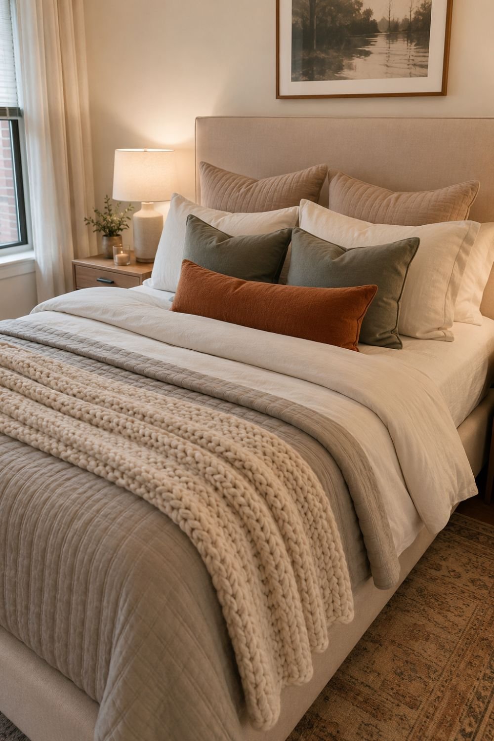 Layered bedding creating cozy apartment bedroom