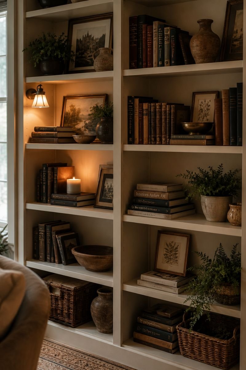 Layered books on shelves creating warm organized display