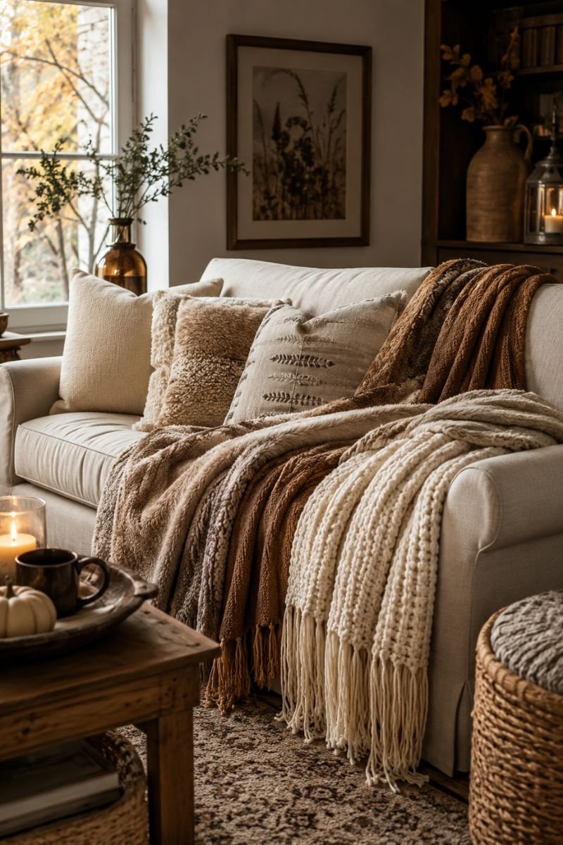 Layered cream and tan throw blankets creating cozy seating area