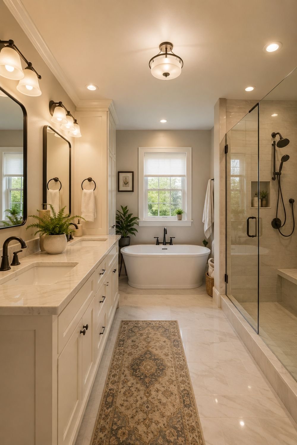 "Layered lighting creating bright fresh bathroom aesthetic