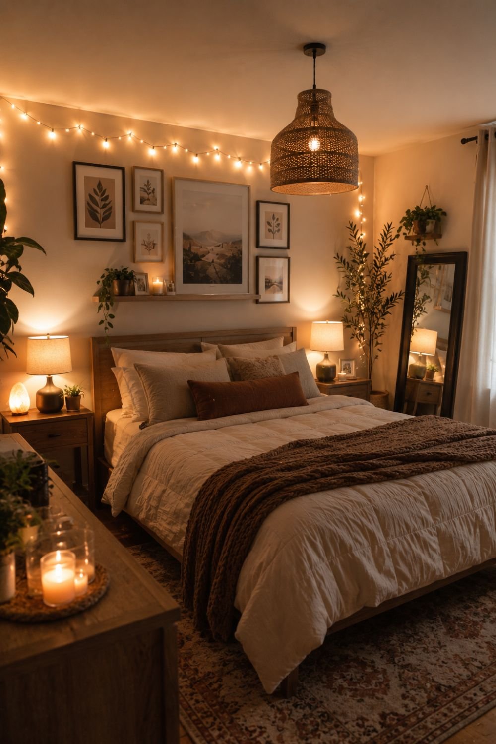 Layered lighting creating warm cozy apartment bedroom ambiance