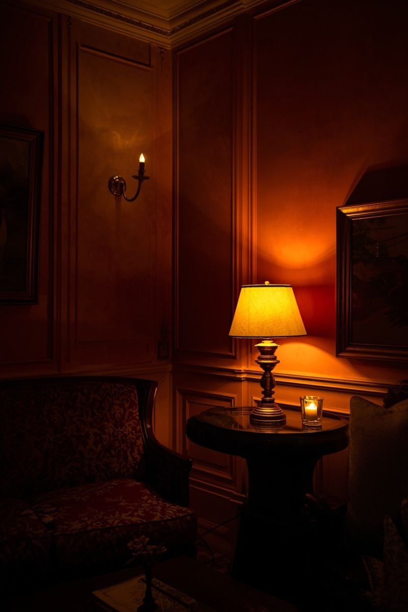 Layered lighting sources creating dramatic theatrical ambiance