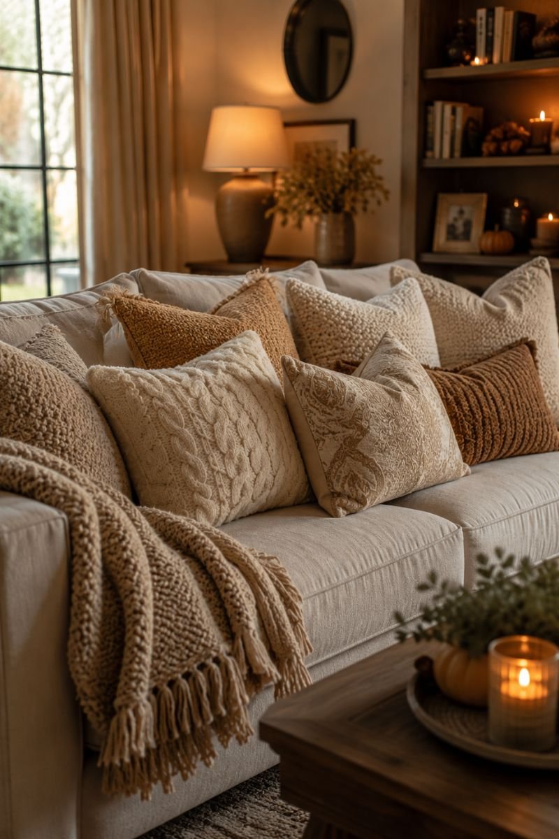 Layered textured pillows creating comfortable cozy seating
