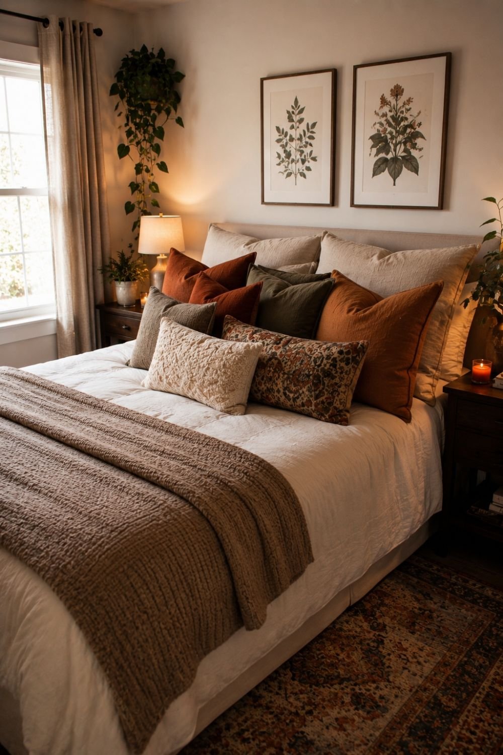 Layered throw pillows creating cozy styled apartment bed
