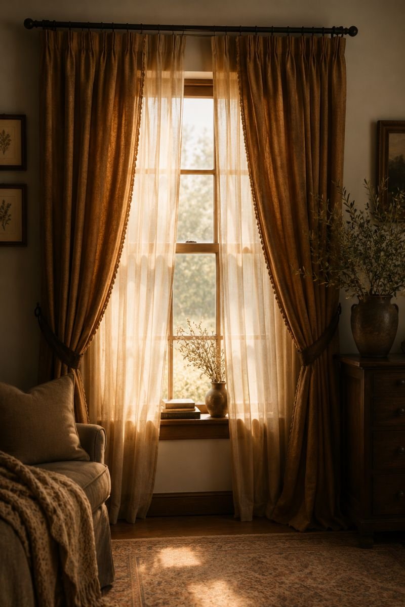Layered window curtains in warm tones creating cozy winter treatment