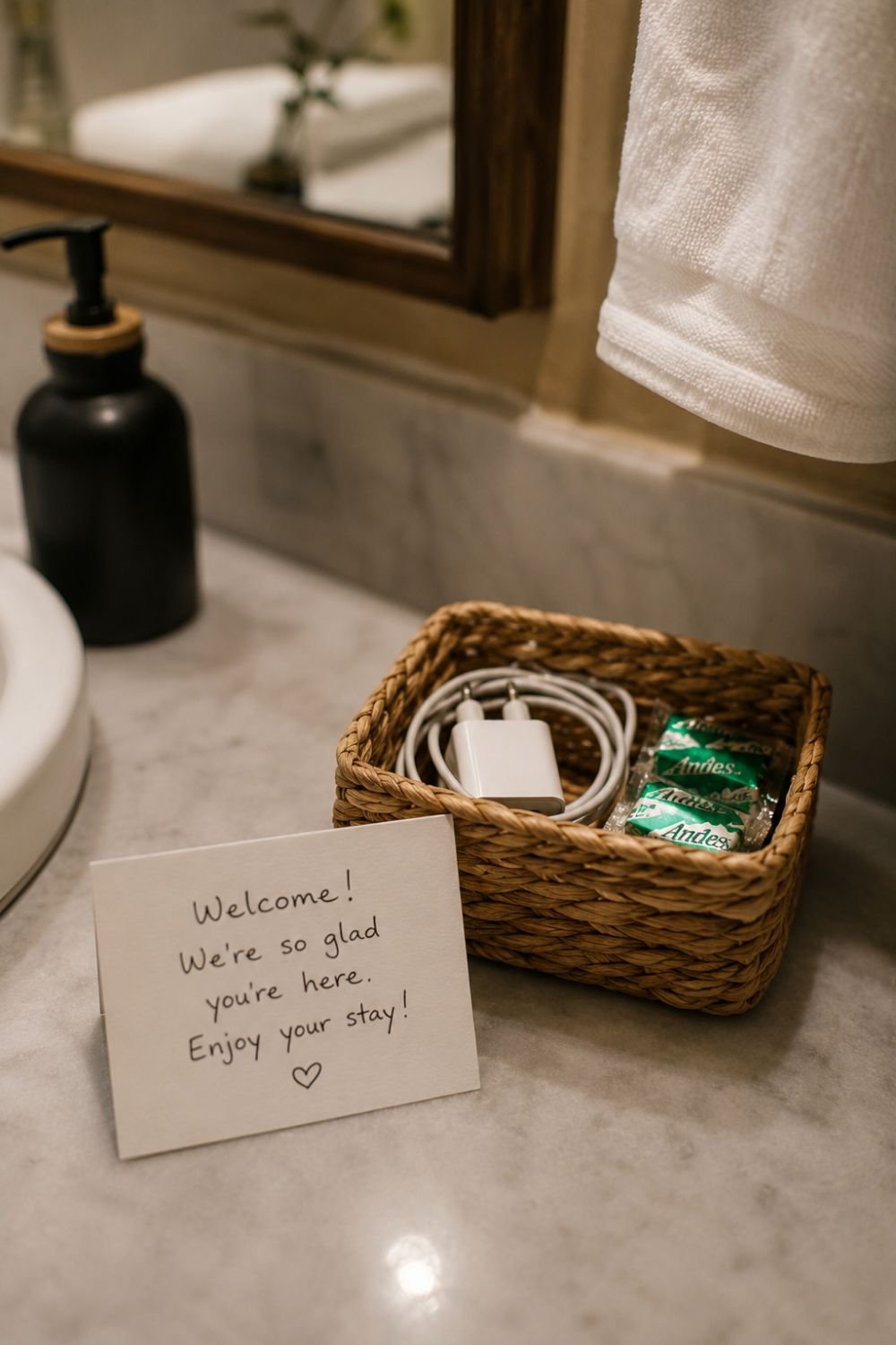 welcome basket guest bathroom counter