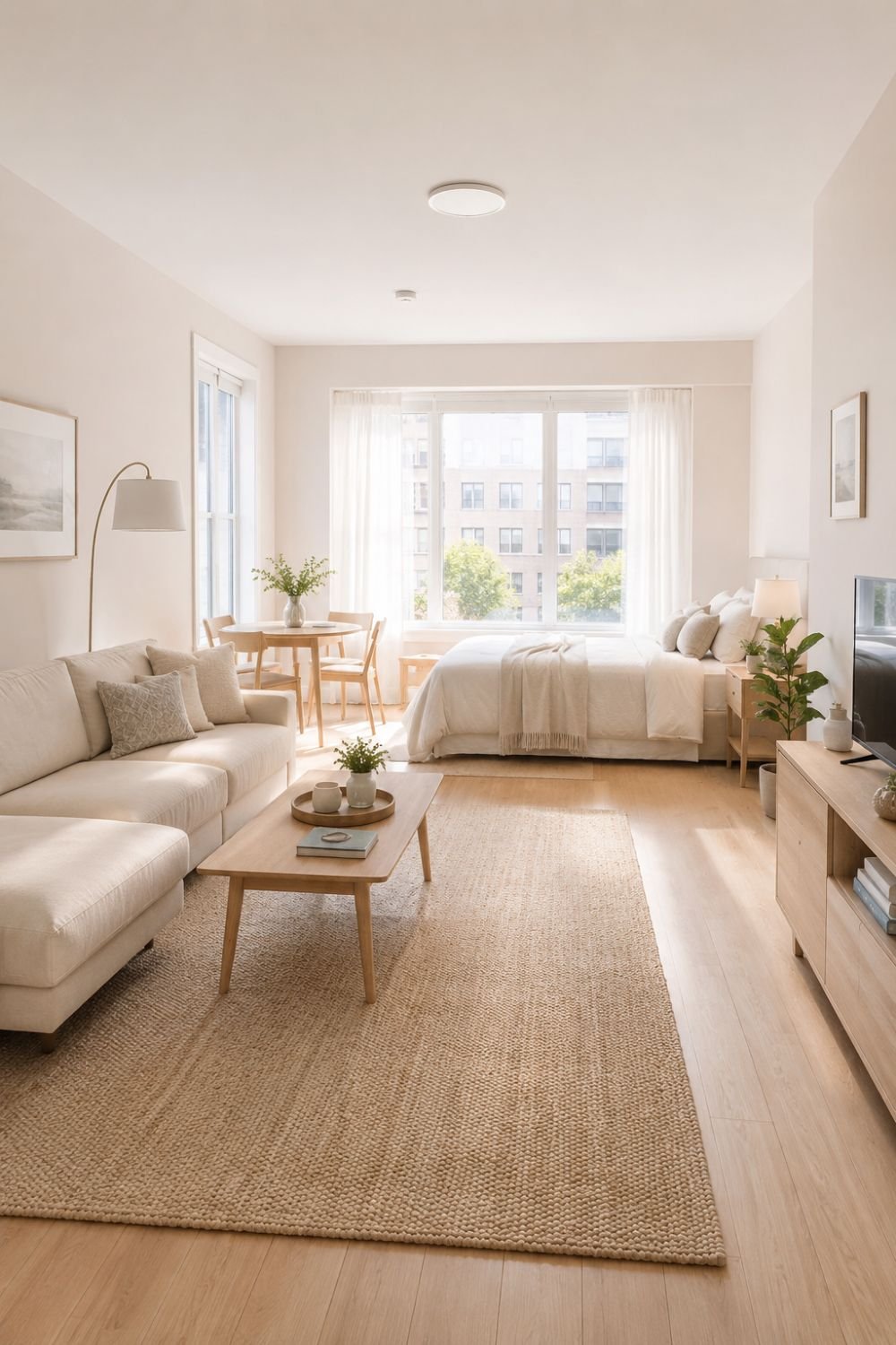 Light neutral color palette in studio apartment making space feel larger