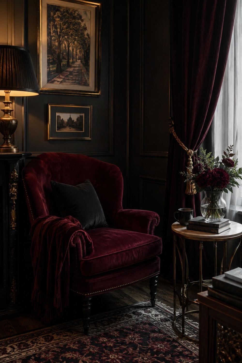 Luxurious reading nook with velvet chair creating dramatic moody corner