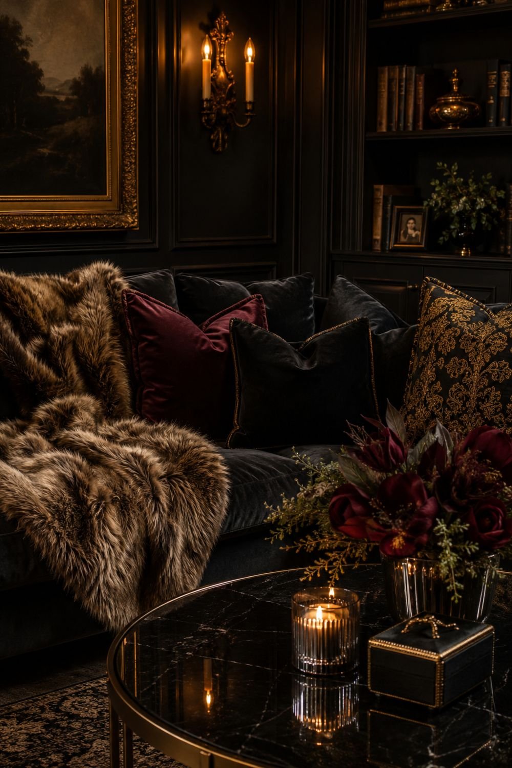 Luxurious velvet and fur throws creating textured dramatic space
