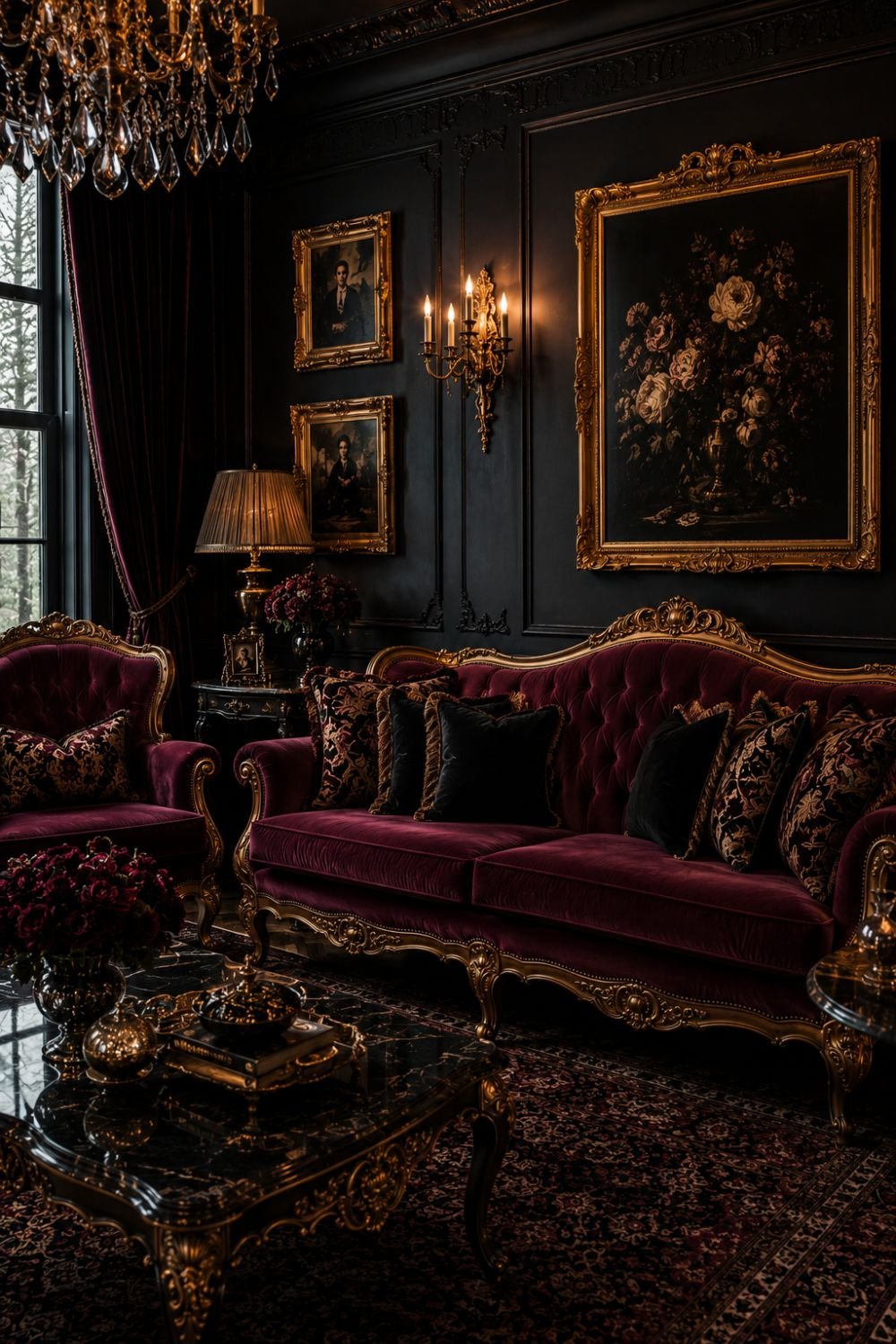 Luxurious velvet seating in deep burgundy creating opera aesthetic