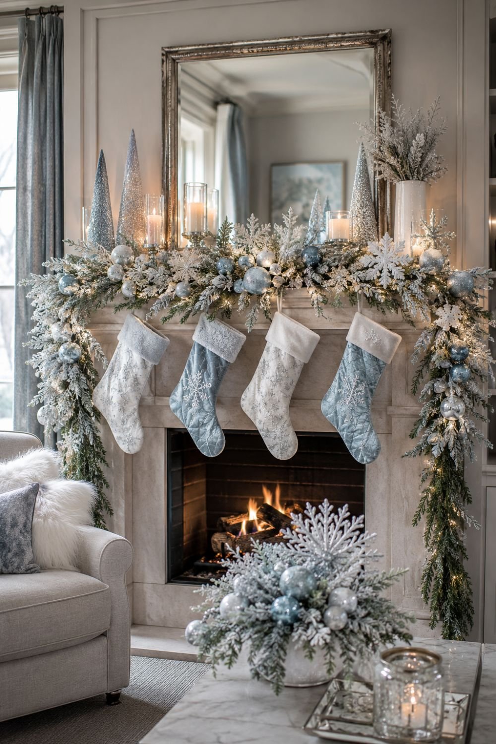 Mantel styled with icy blue and white Christmas decor creating winter scene