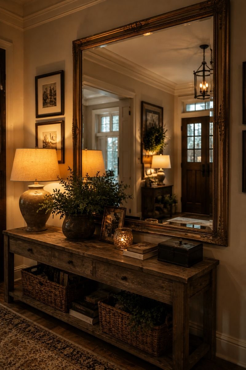 Mirror reflecting warm light creating cozy glowing space