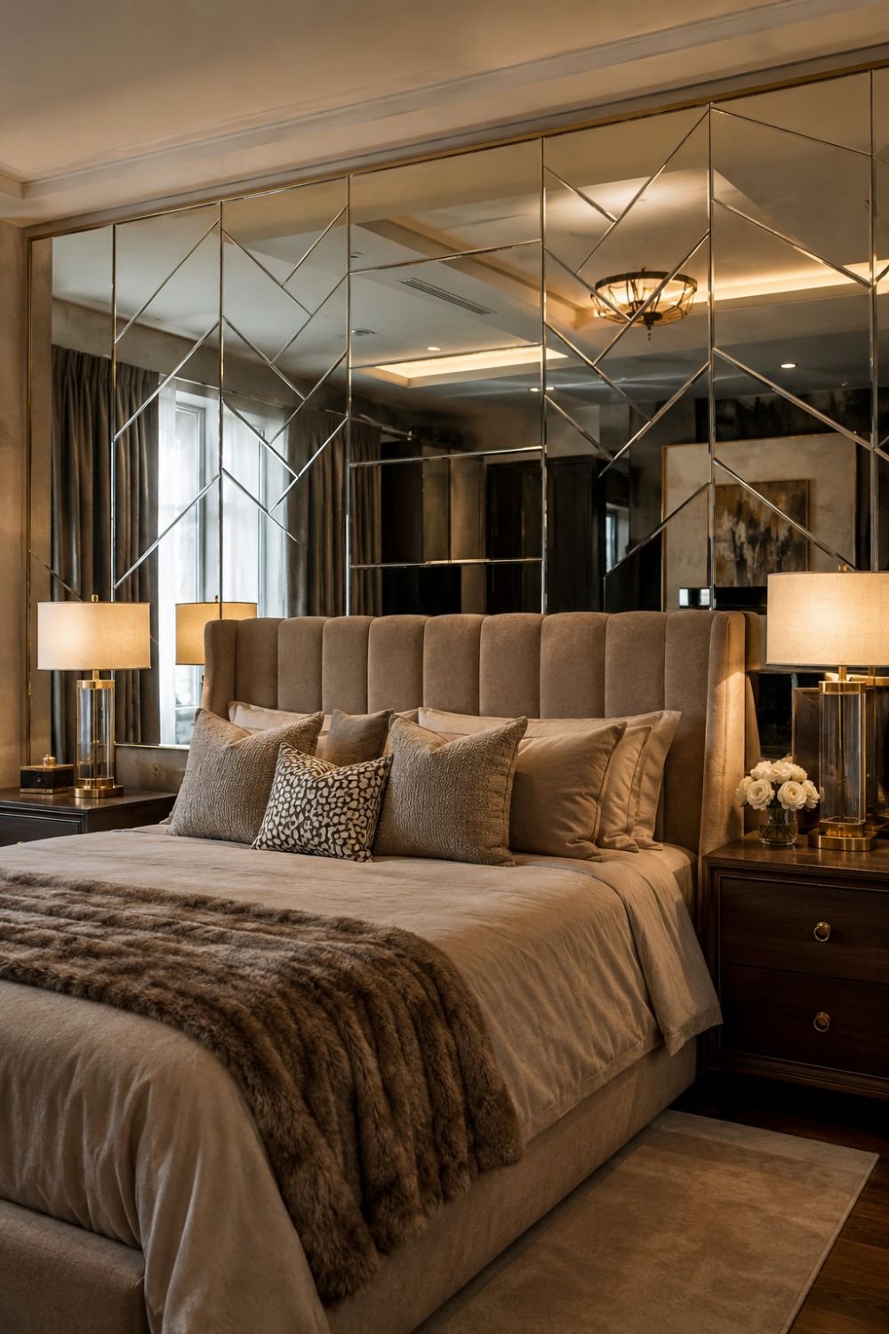 Mirrored accent wall creating dramatic reflection in neo deco bedroom