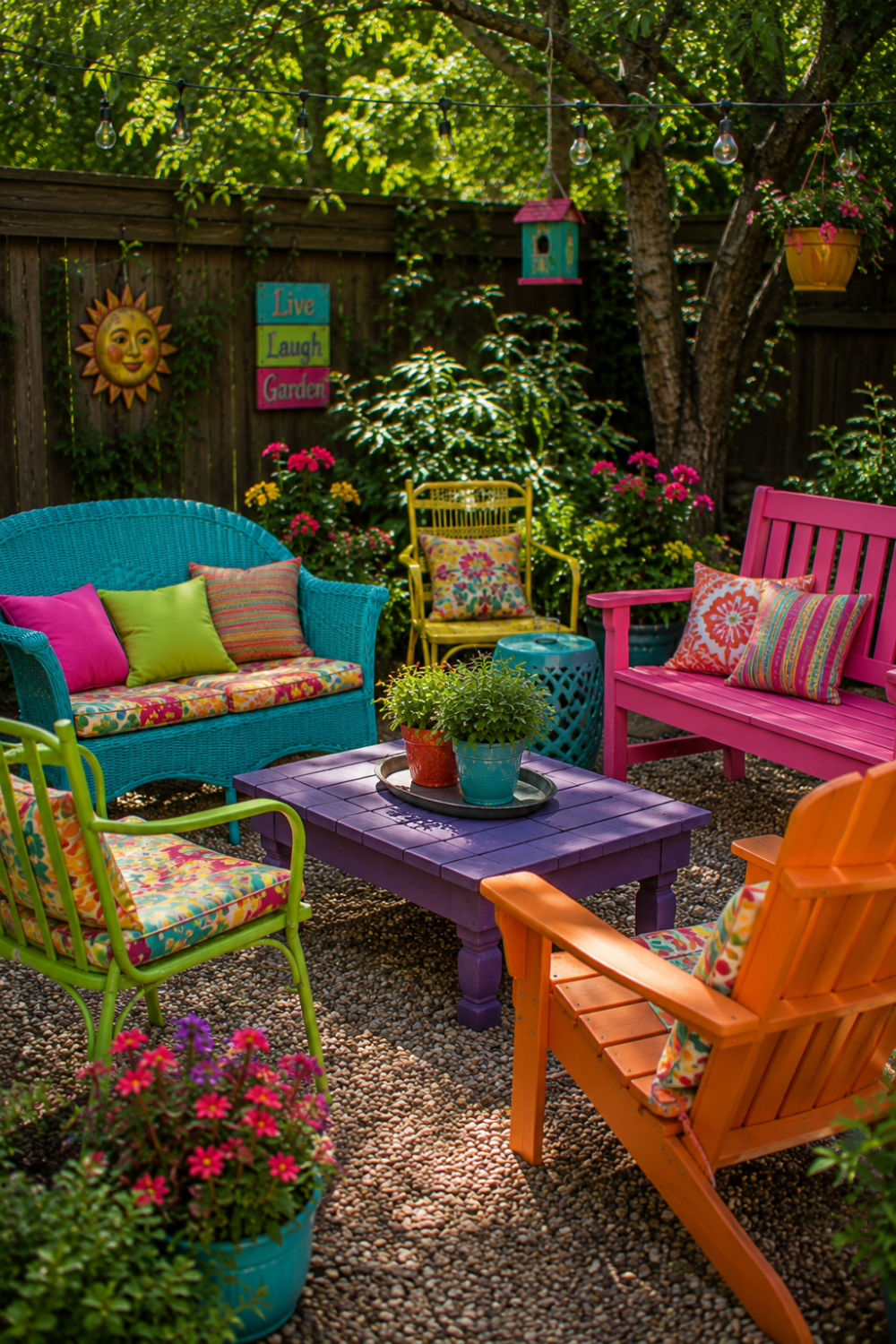 Mismatched colorful outdoor furniture creating bright seating areas
