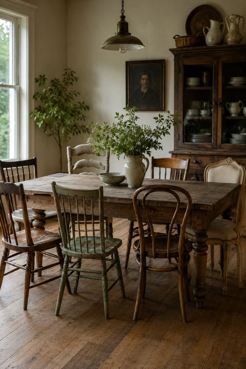 Mismatched vintage chairs of different styles around wooden dining table
