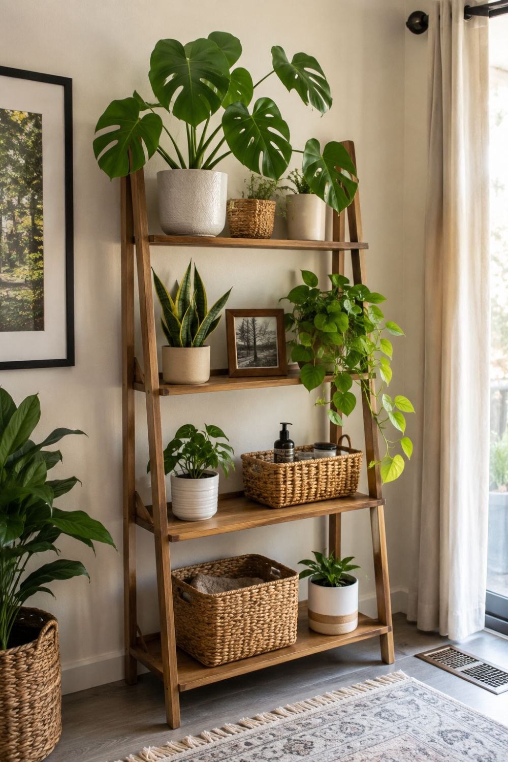 Modern ladder shelf displaying indoor plants at different heights.