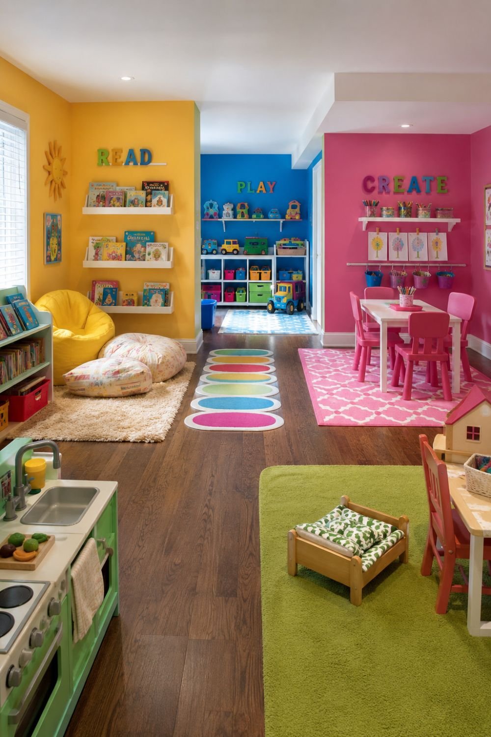 Multi-colored play zones in maximalist kids' playroom