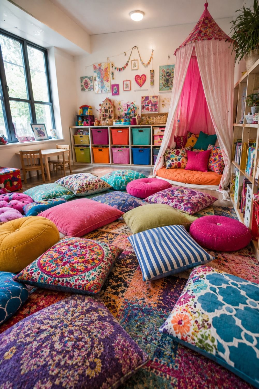 Multiple colorful throw pillows and cushions layered on playroom floor