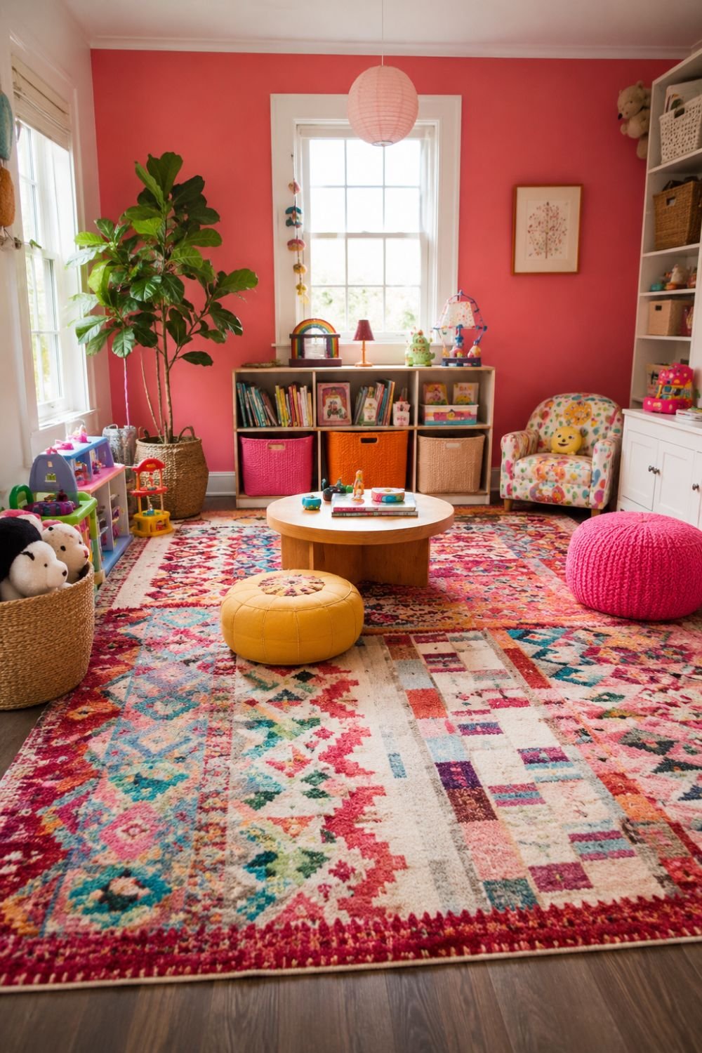 Multiple layered patterned rugs in bright colors on playroom floor