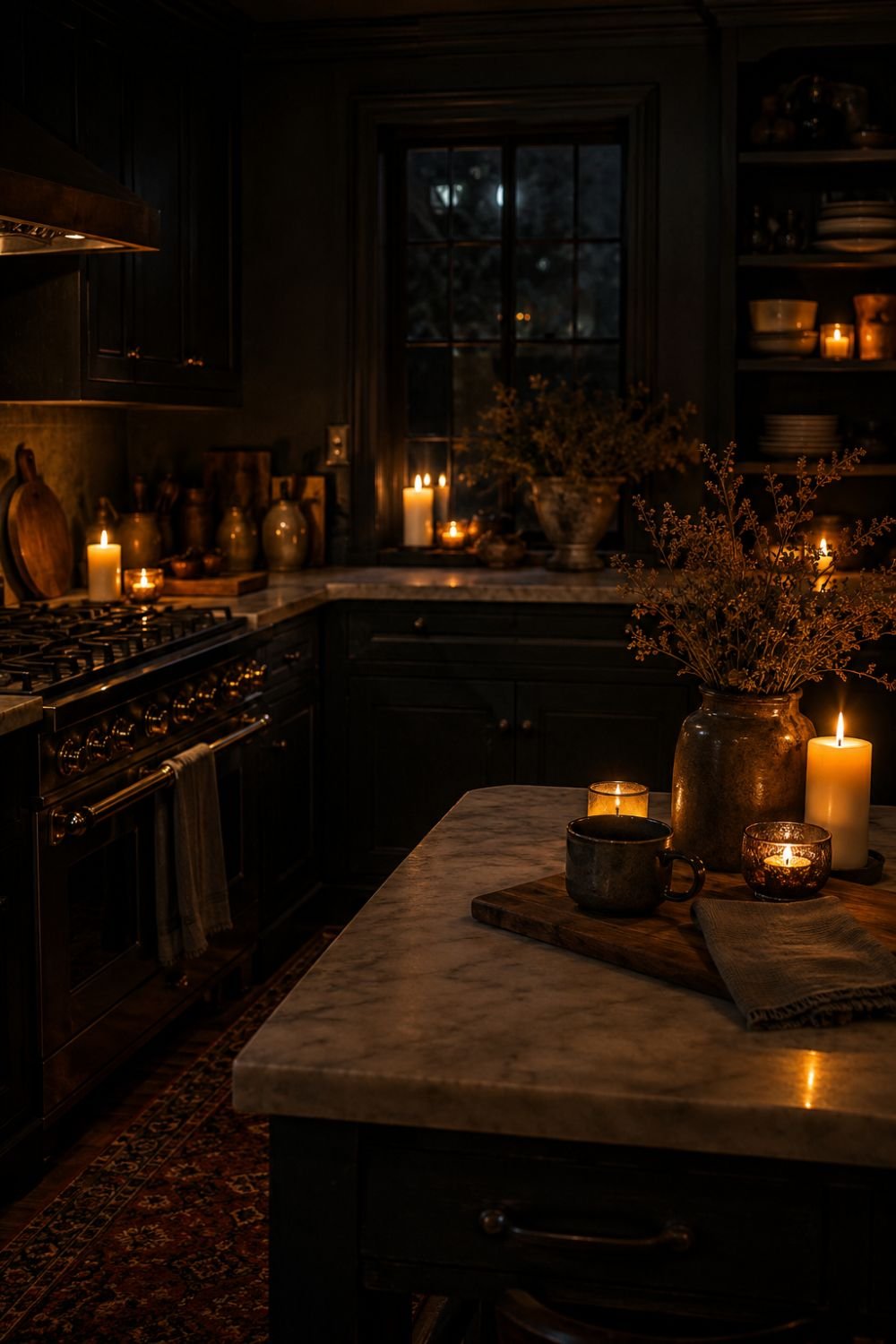 Multiple lit candles creating warm ambiance in dark cottagecore kitchen