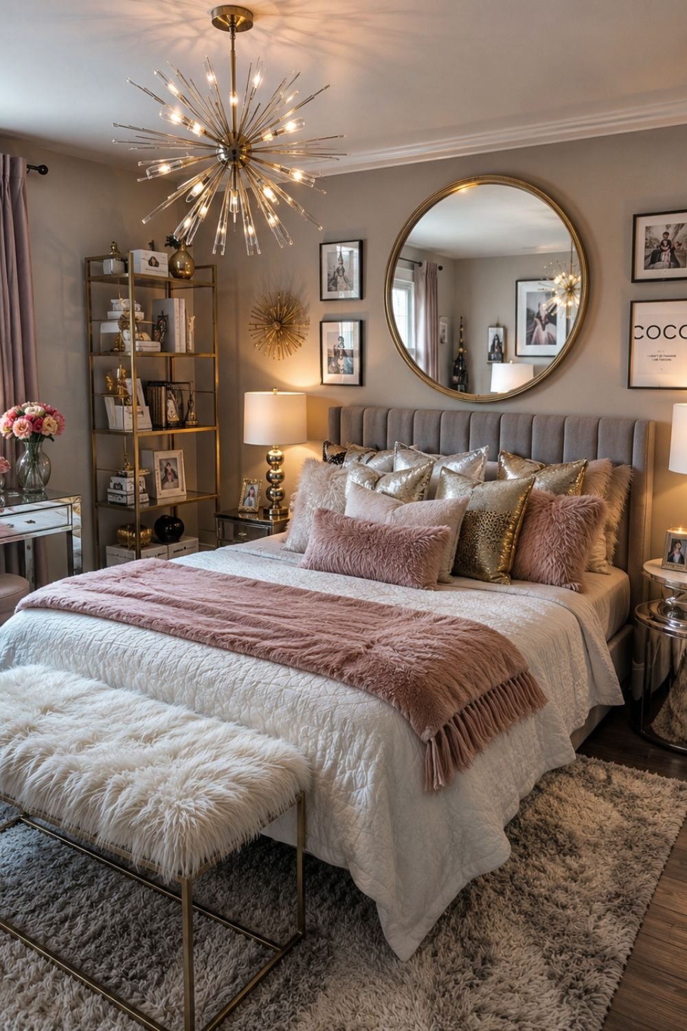 Multiple metallic accents including chrome table and gold mirror in neo deco bedroom
