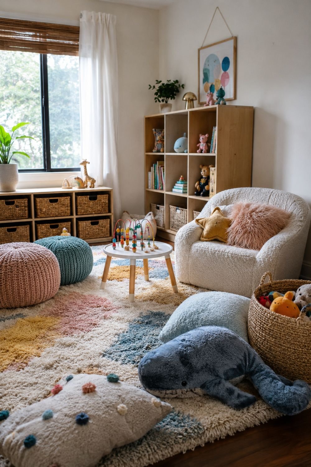 Multiple textures visible including fuzzy and shiny elements in playroom