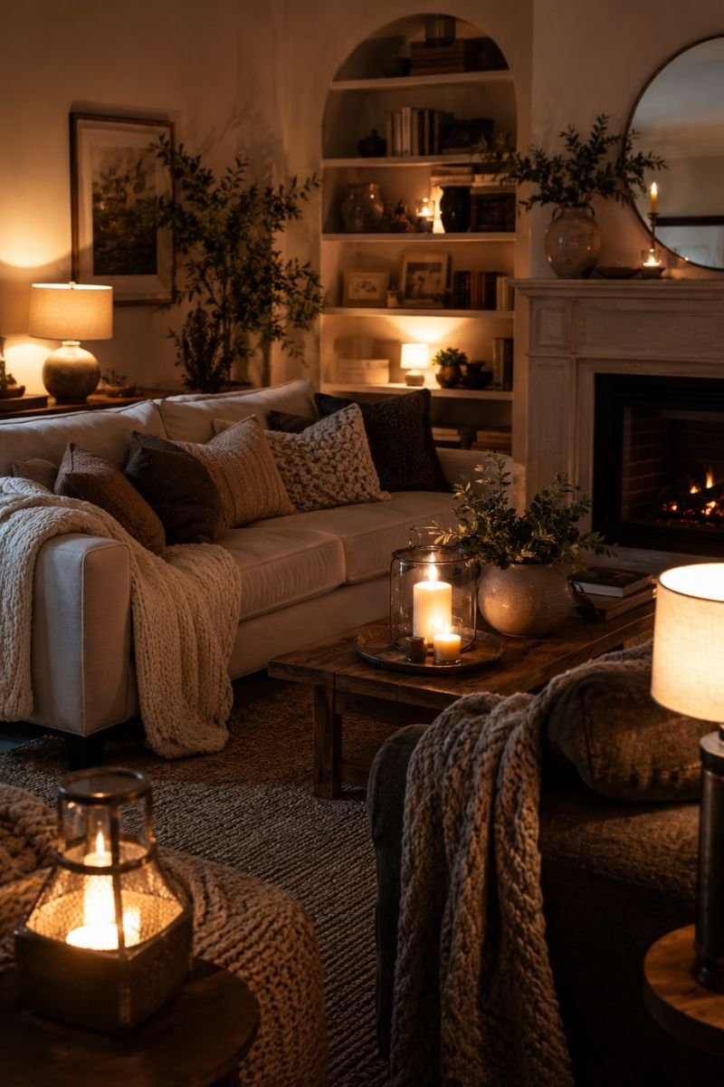 Multiple warm lamps creating cozy ambient winter lighting