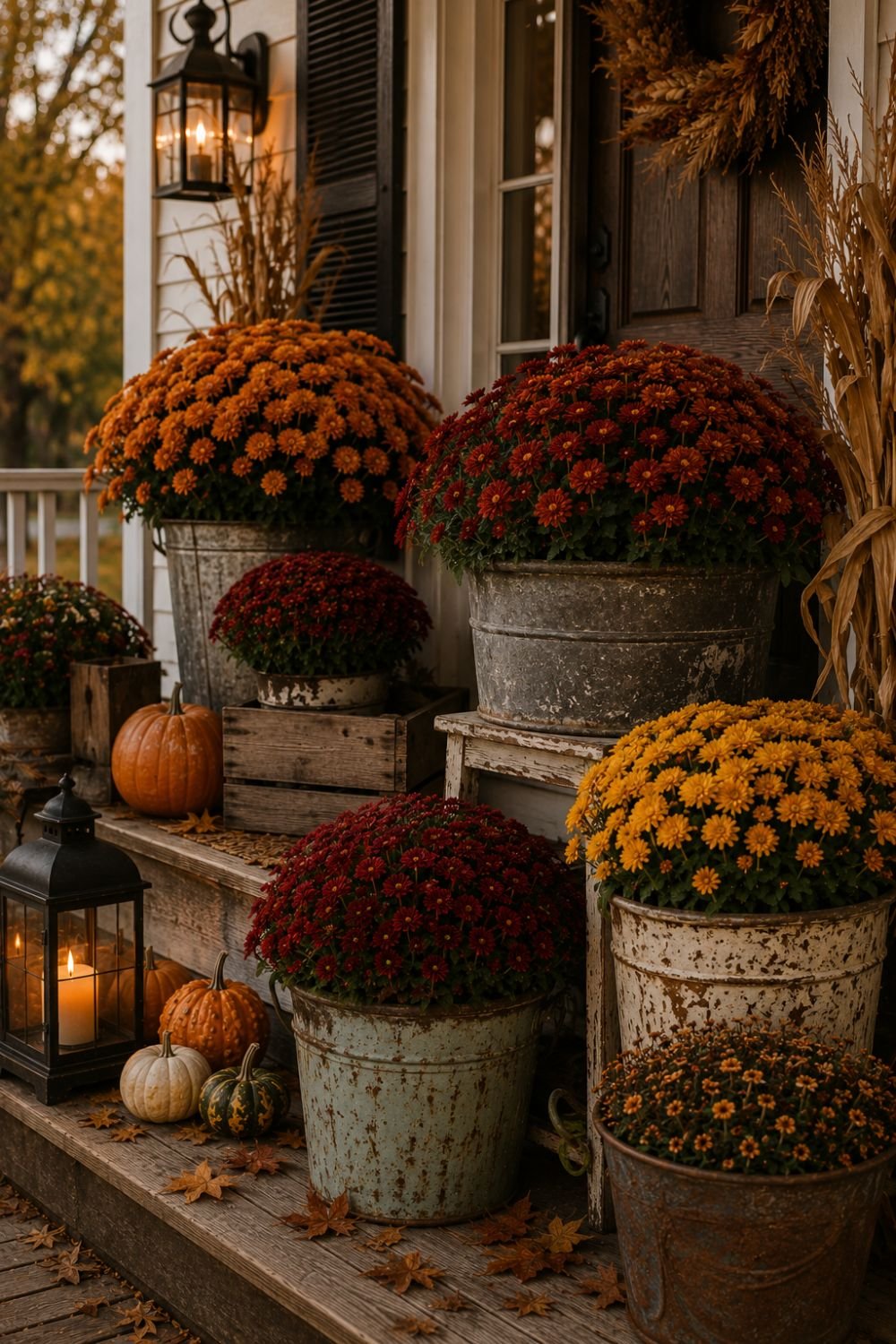 Mums in vintage containers at varying heights on farmhouse fall porch