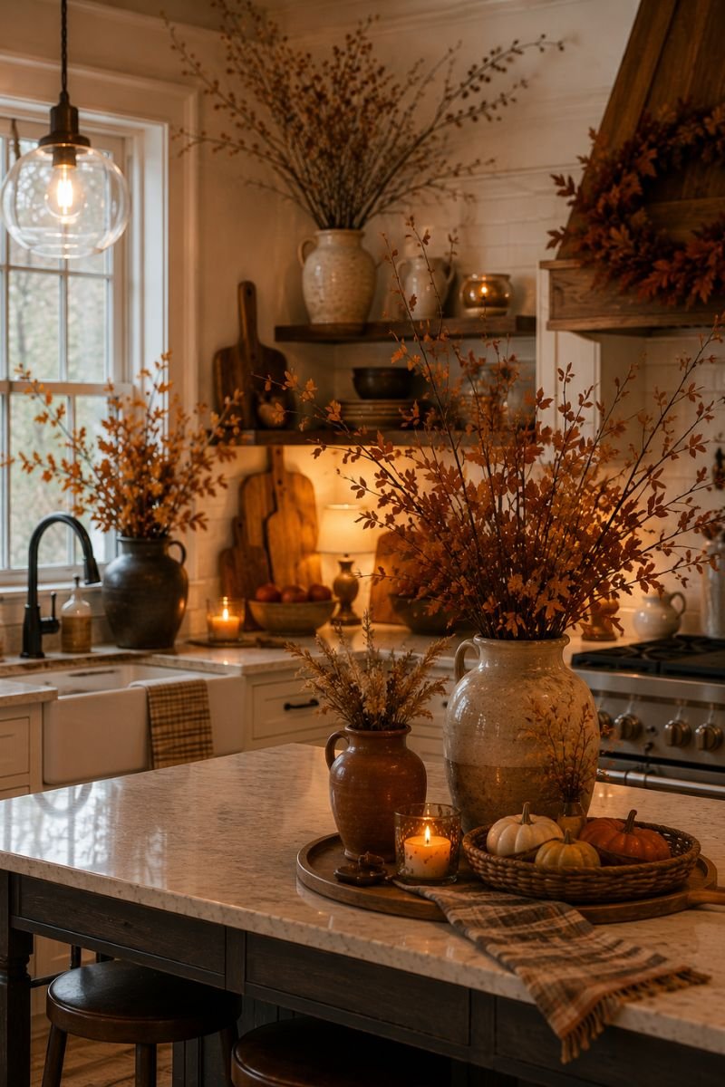 Natural branches and elements in vases creating authentic Thanksgiving decor