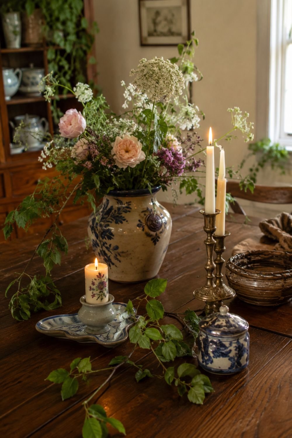 Natural centerpiece with flowers and branches on wooden dining table