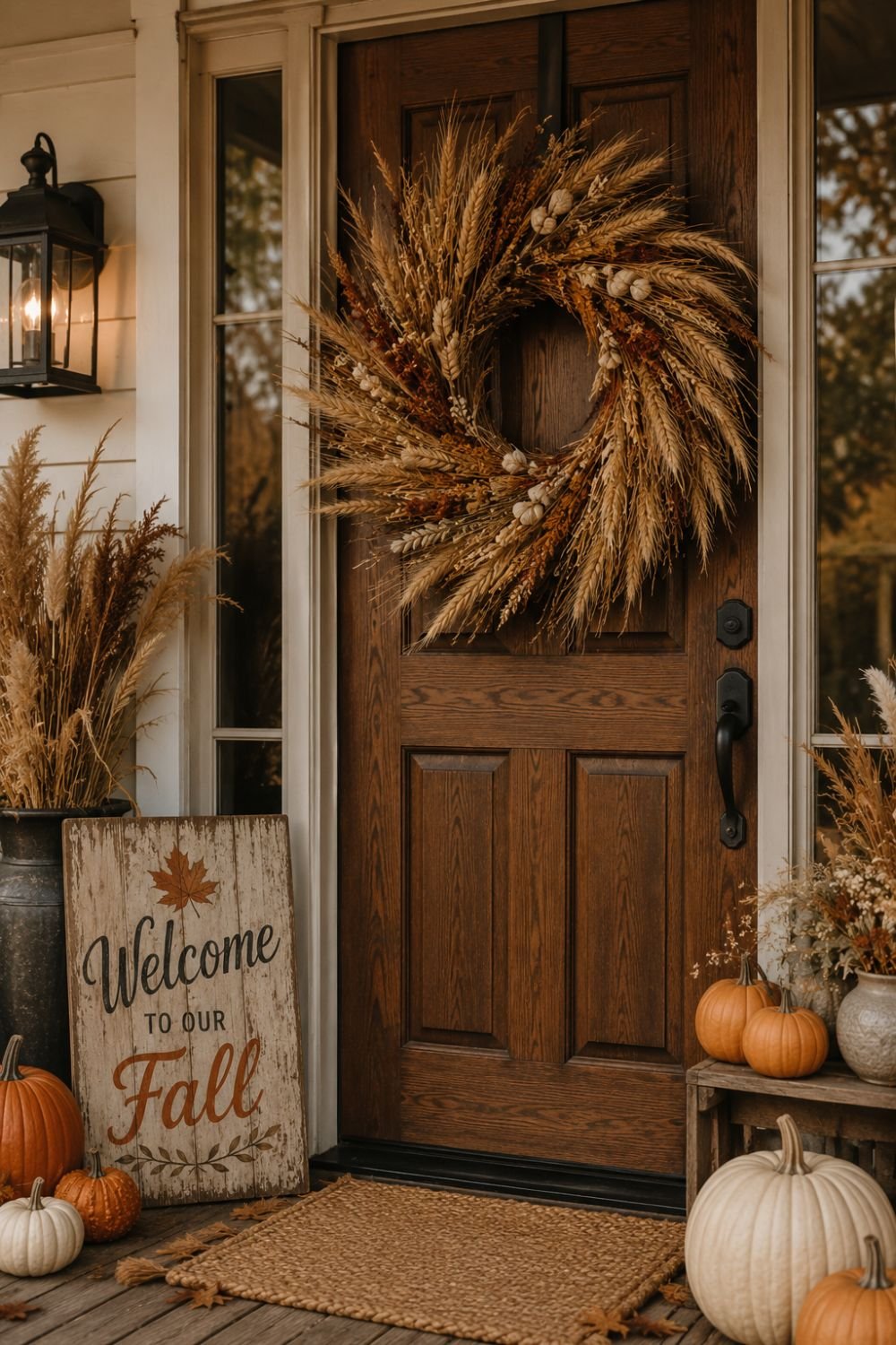 A large wreath with dried elements. Wheat. Branches. Dried flowers. Feathers. No plastic. Natural materials. Hang it on your front door. This wreath tells the story of your entire porch.