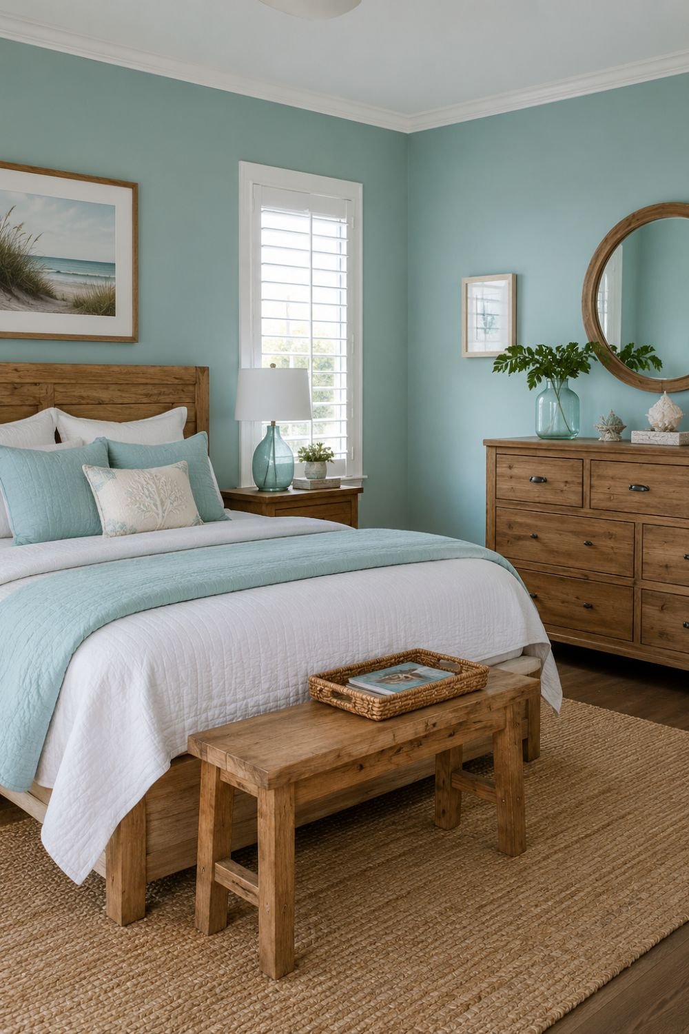 Natural wood furniture paired with aquamarine walls in coastal room