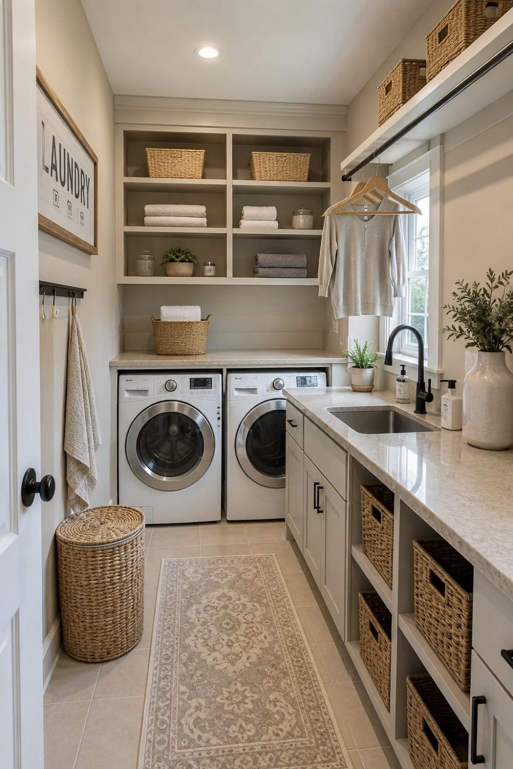 Neutral color palette creating cohesive laundry room design