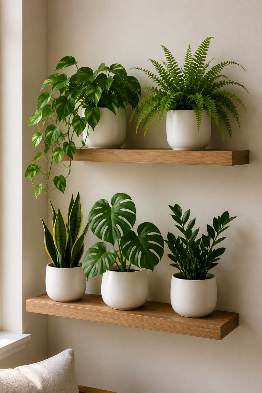 Neutral indoor plant shelf with white pots and lush greenery.