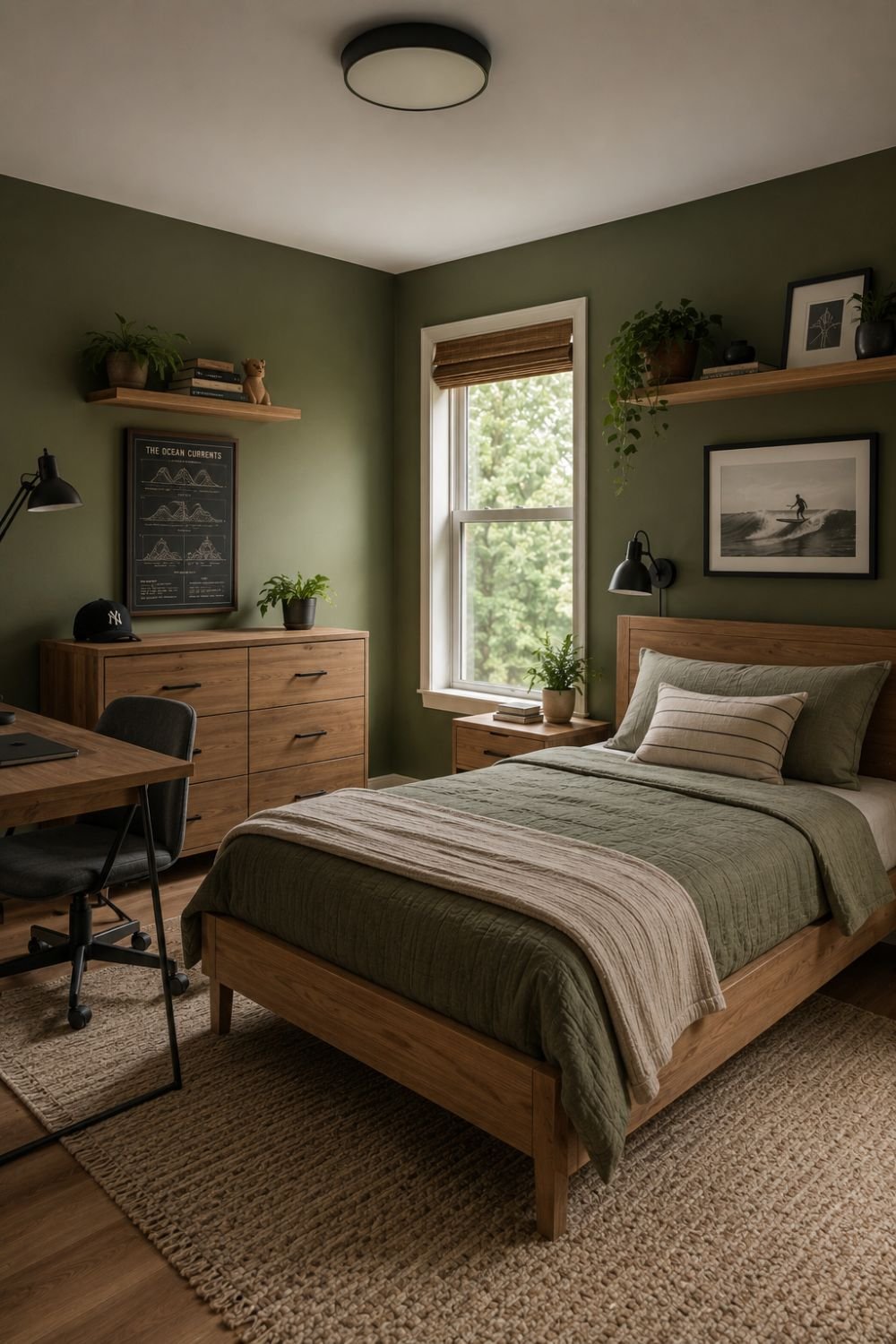 Olive walls creating natural sophisticated boys bedroom