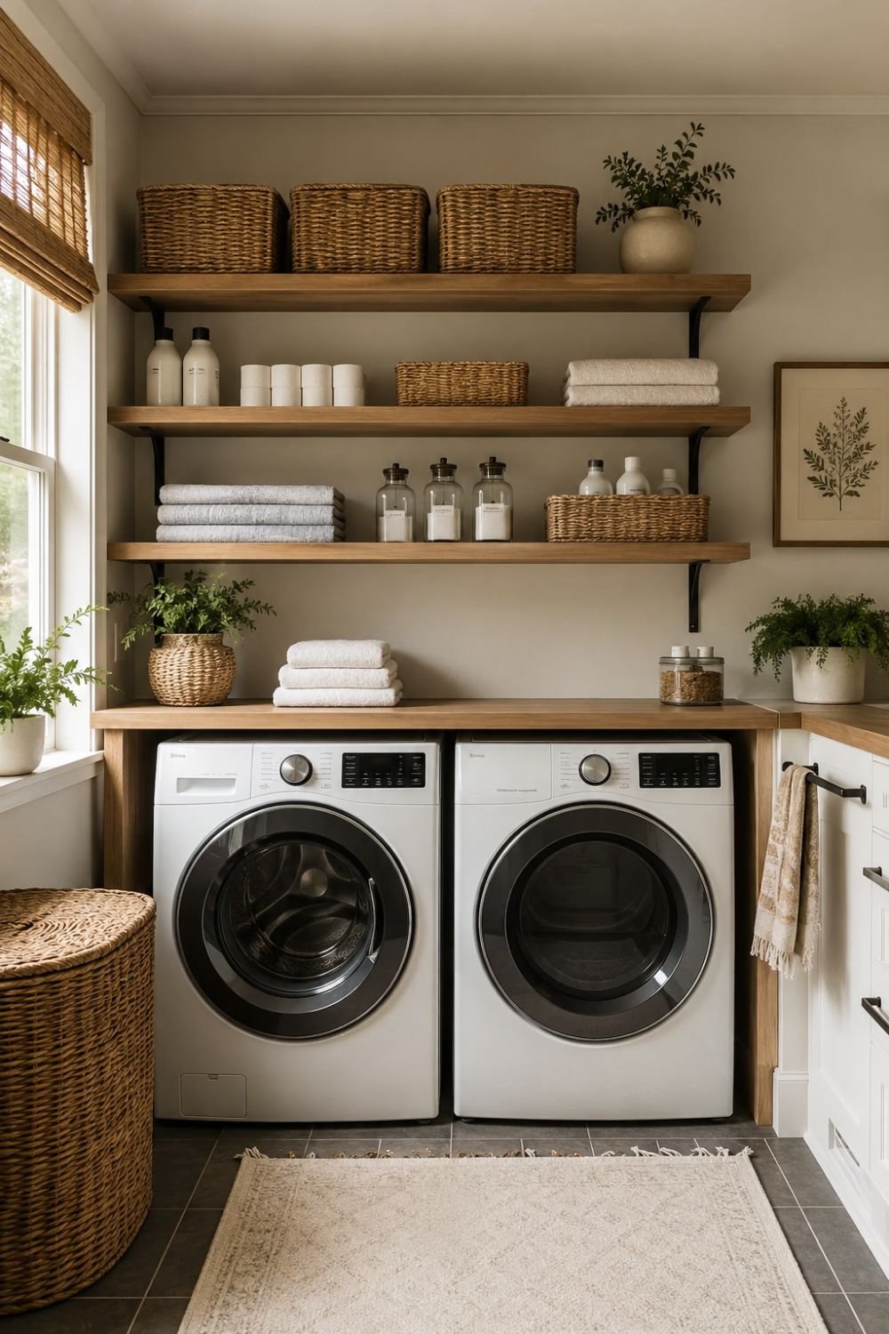 Open shelving creating organized storage in laundry room
