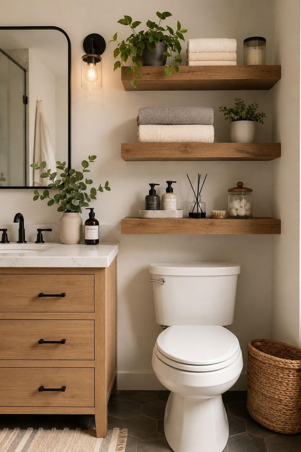 "Open shelving creating organized stylish bathroom storage