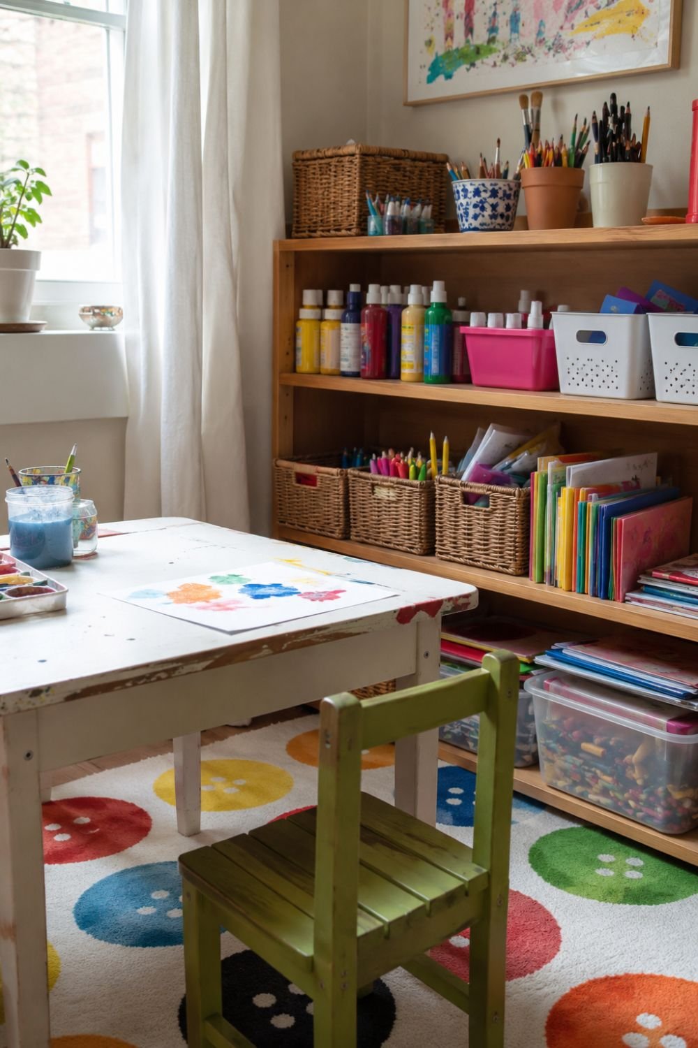 Organized art station with colorful supplies visible in kids' playroom